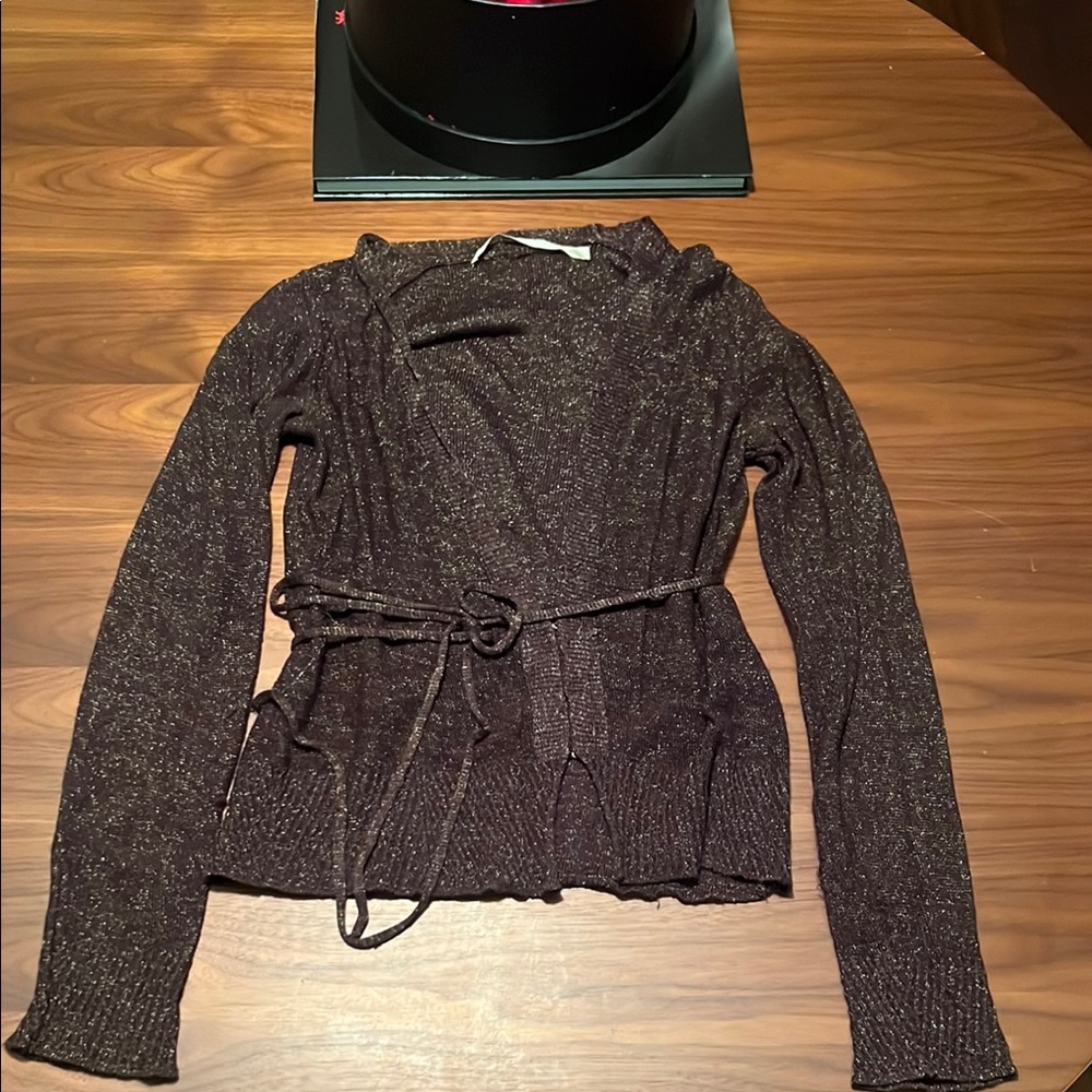 Twelfth Street Cynthia Brown and Gold thread Knitted Cardigan with Waist Tie